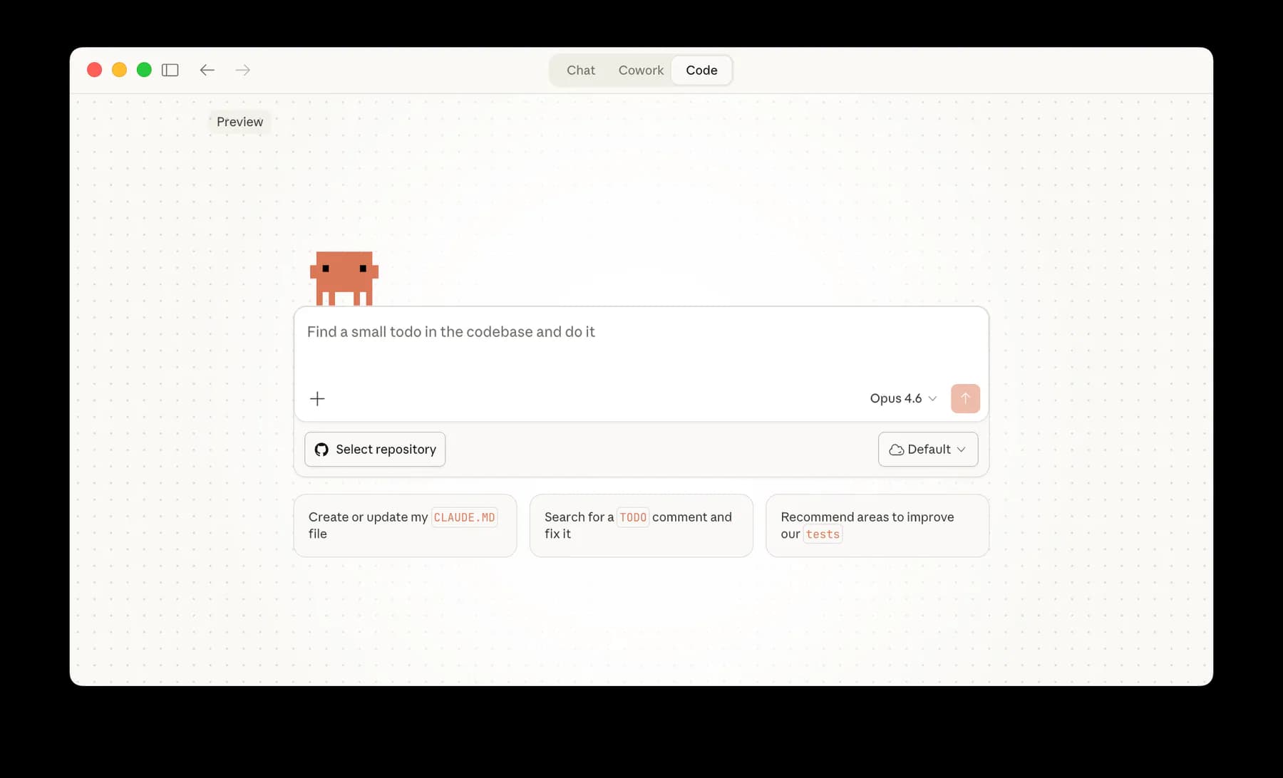 Claude Code desktop app with a repository prompt ready to run